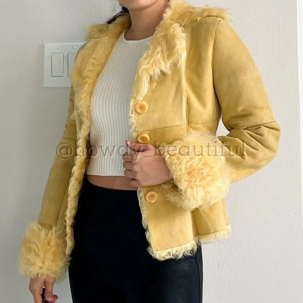 New Label SheepSkin Cream Yellow Leather Button Up shearling Jacket